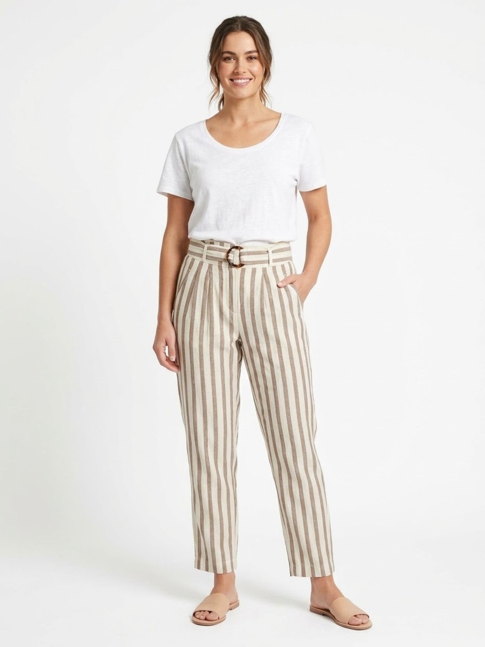 By Anthropologie High Waist Striped Linen Blend Belted Tapered Pants Size 0